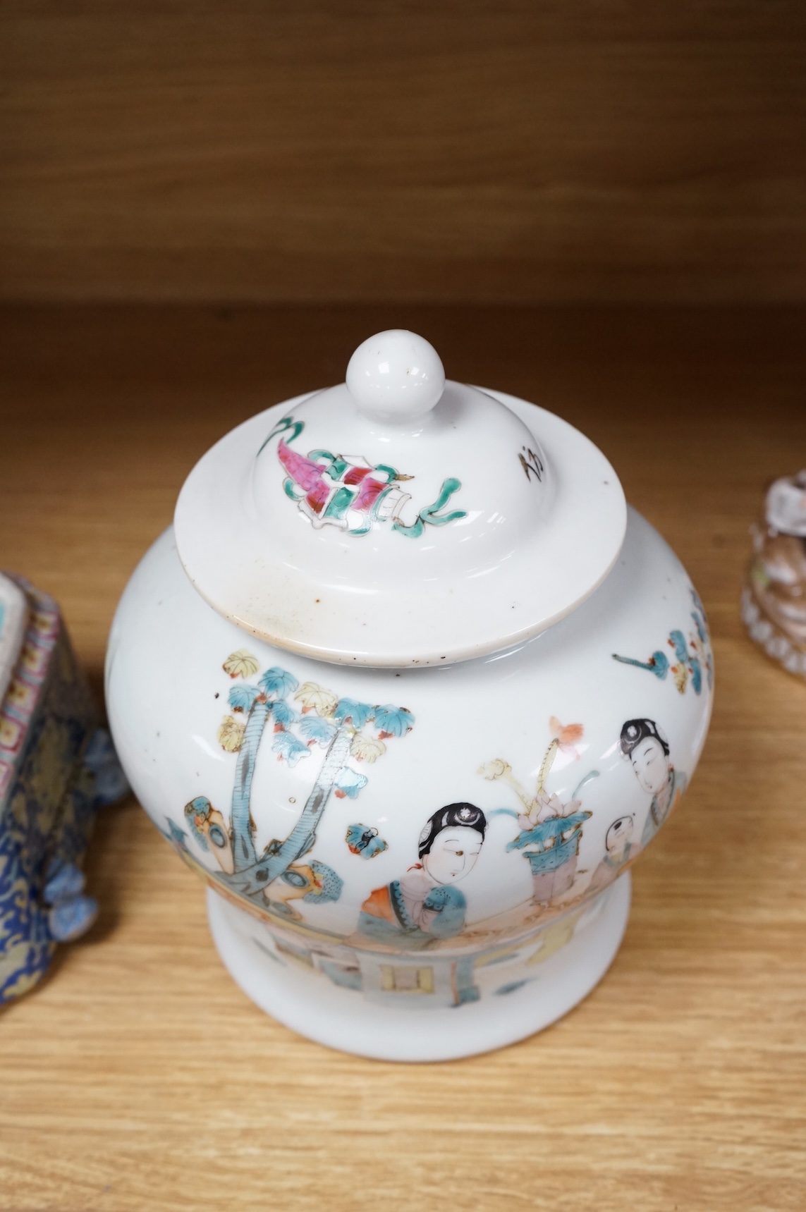 A 19th century Chinese enamelled porcelain box and a Chinese Republic period jar and cover- 20cm high